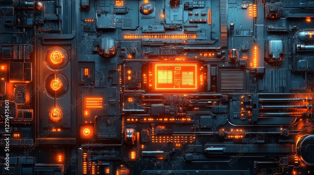 Poster futuristic circuit board with glowing orange lights and complex digital design patterns