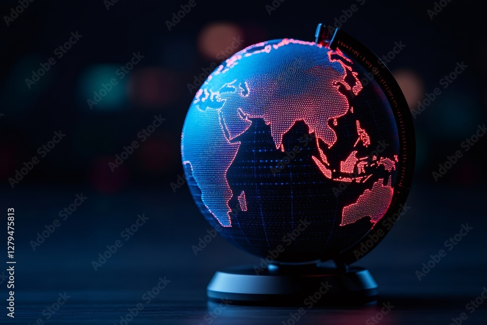 Poster illuminated globe showing asia highlighting global connections and data visualization