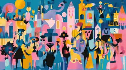 Obraz premium Colorful Abstract Illustration of People in Vibrant Urban Setting