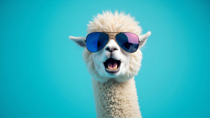 Playful White Alpaca Rocking Colorful Shades Against Turquoise