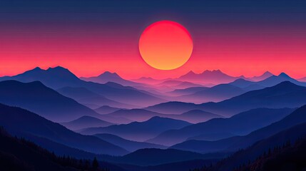 Obraz premium Sunset over layered purple mountains, large orange sun. Perfect for travel, nature, or serenity themes; evokes calm.