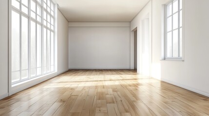 Obraz premium A spacious minimalist studio with pristine white walls, smooth wooden floors, and subtle design elements in the corners