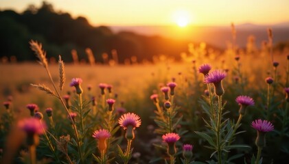 Golden hour illuminates flowering heather and grasses , bloom, meadow