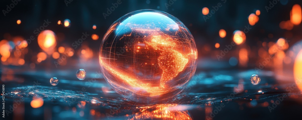 Poster glowing digital globe with orange data lines in vibrant futuristic setting