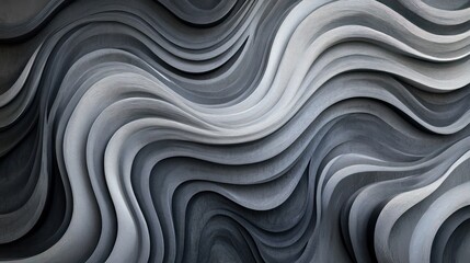 A striking abstract design of smooth, wavy monochrome lines, gracefully curving and alternating in shades of gray