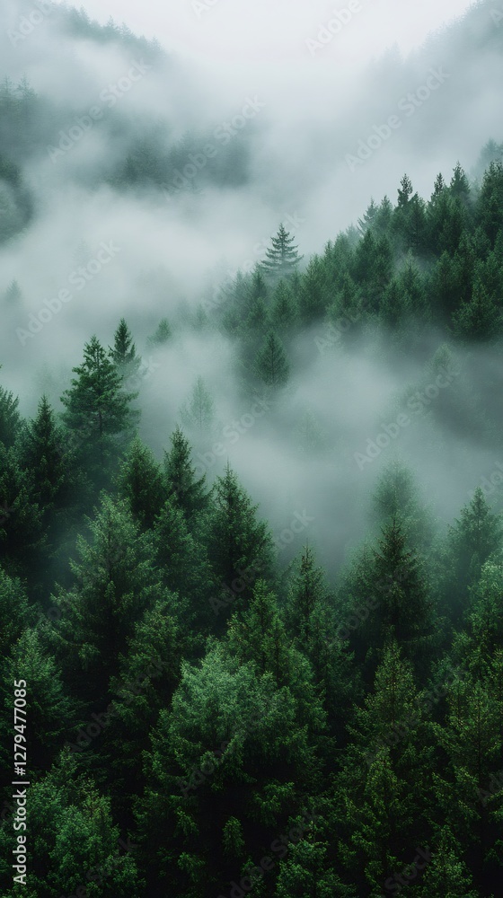 Poster fog rolling over evergreen forest creating a mystical atmosphere