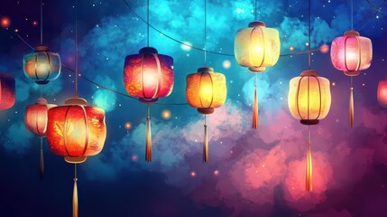 Vibrant festive lanterns in night sky with colorful glow and starry background