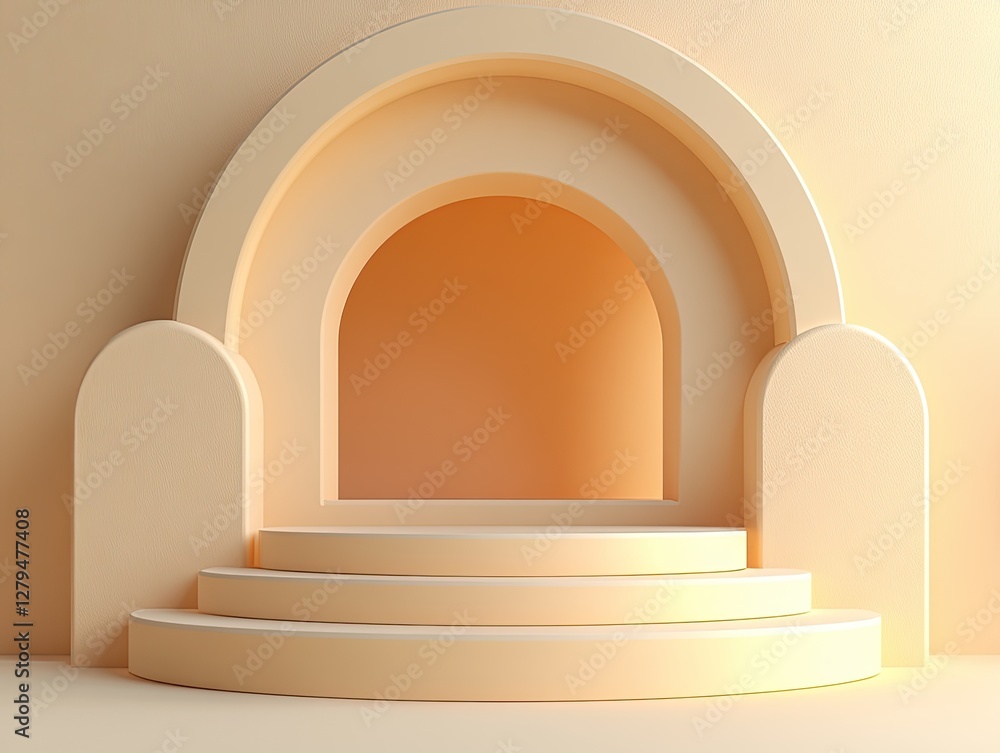 Poster beige arched structure with three-tiered steps. ideal for product display or minimalist designs.
