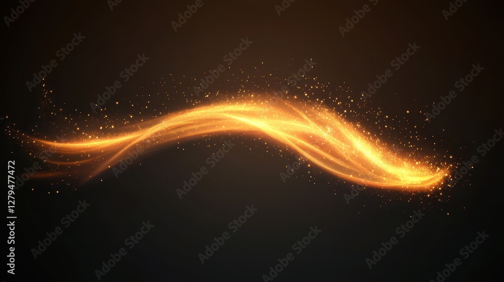 Poster Glowing abstract wave of golden light with sparkling particles on a dark background
