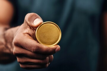 Fototapeta premium Man holding golden coin or lid symbolizing wealth and success
