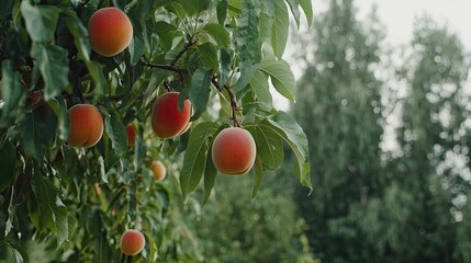Clusters of ripe peaches dangle from a leafy branch, showing vibrant colors against a softly blurred natural backdrop