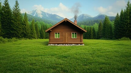 Obraz premium Rustic Wooden Cabin in Green Meadow with Mountain View