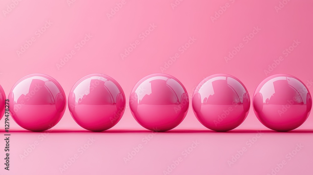 Poster row of shiny pink spheres on a pink background displaying symmetry and reflection