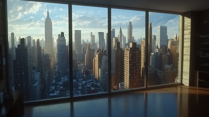 Stunning new york city skyline from modern apartment with floor-to-ceiling windows at sunset