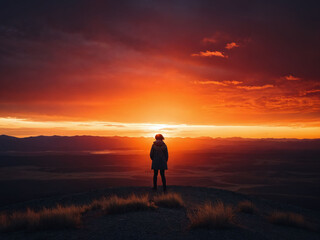 Stunning sunset view from a mountain peak with a silhouetted figure enjoying the tranquil evening sky