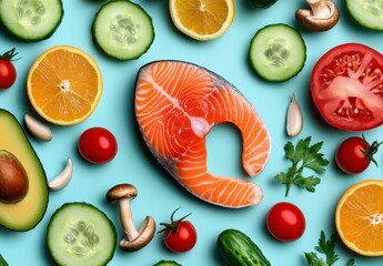 Salmon Fillet with Colorful Vegetables and Fruits on Light Blue Background