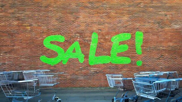 The word "Sale!" appears in vibrant green graffiti style on a brick wall, as the camera slowly zooms out under natural daylight.