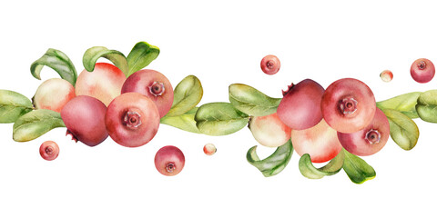 Cranberry lingonberry bunch, green leaves, hand drawn in watercolor, ripe swamp forest berry bearberry teaberry wintergreen. Isolated seamless banner border for restaurant, cafe menu, farmers market