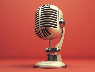 Vintage microphone on red background. Ideal for podcast, radio, or music themes.