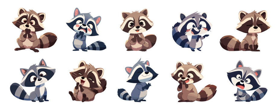 raccoons set cartoon. gray brown raccoon, cute funny cheerful sad scared wild animal sticker emotions character vector illustration