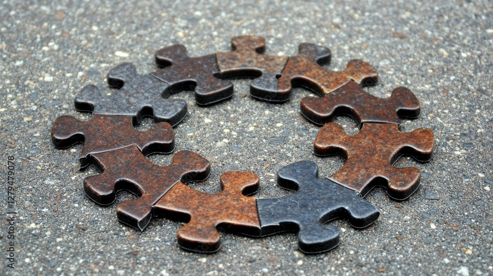 Poster circular arrangement of metal puzzle pieces on a textured surface, showcasing unity and complexity