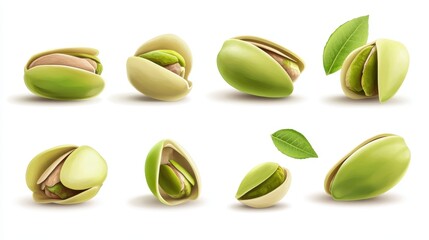 Collection of realistic pistachio nuts with leaves on a white background