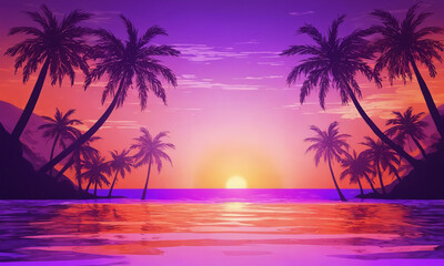Vibrant sunset over calm ocean with silhouettes of palm trees on a tranquil beach