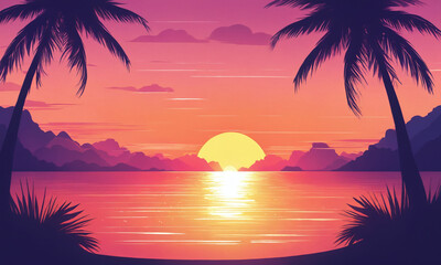 Vibrant sunset over a tranquil beach with palm trees and distant mountains in a serene tropical setting