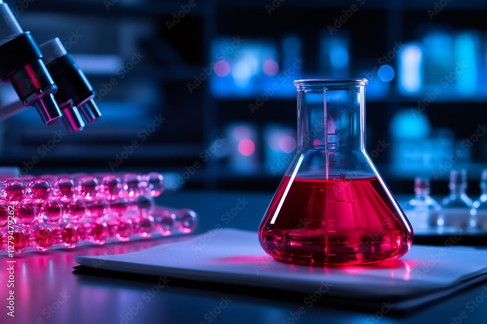 Poster erlenmeyer flask containing pink chemical substance stands on notebook in laboratory