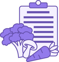 Colored Diet Icon. Vector Drawing. Broccoli, Mushroom, Carrot and Meal Planner. Vegetable Diet. Sport and Gym Concept