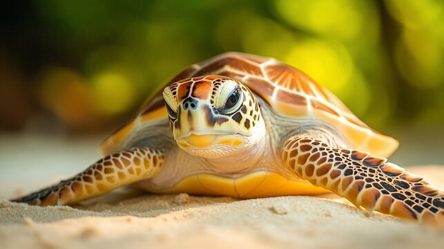Close-up of a sea turtle on a sandy beach.