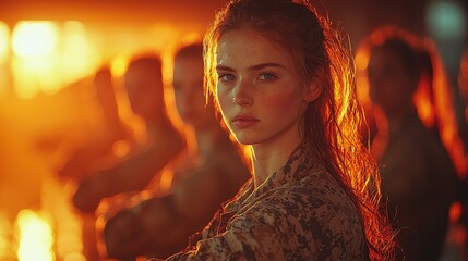 Woman soldier, serious expression, fire background, team support, military