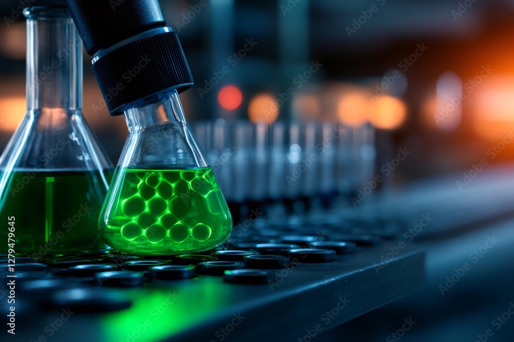 Poster automated robotic arm pouring green chemical liquid into erlenmeyer flask
