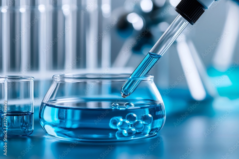 Poster Scientist dropping blue liquid into beaker using pipette in laboratory