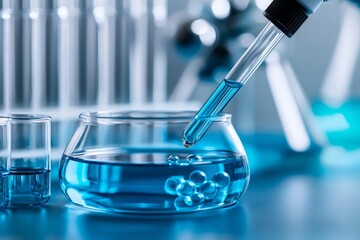 Scientist dropping blue liquid into beaker using pipette in laboratory