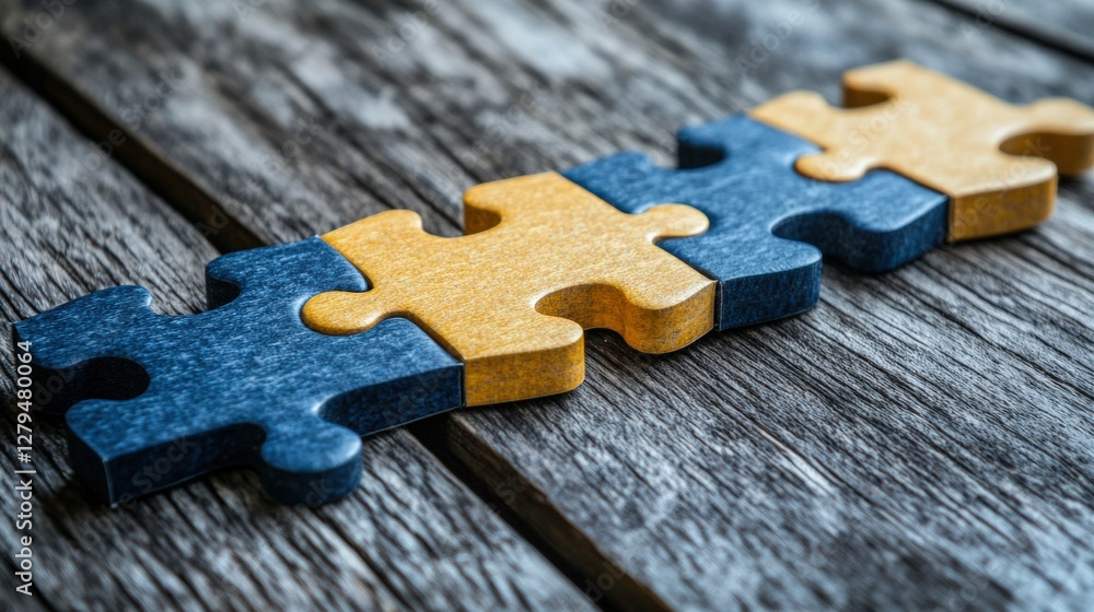 Poster colorful puzzle pieces aligned on a rustic wooden surface, symbolizing problem-solving and teamwork