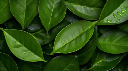 Green leaves creating natural background with water drops