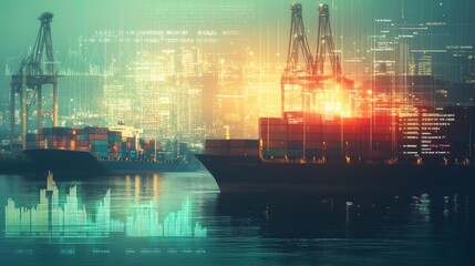 Cargo ship at harbor, data overlay, city background, industrial port, transport use