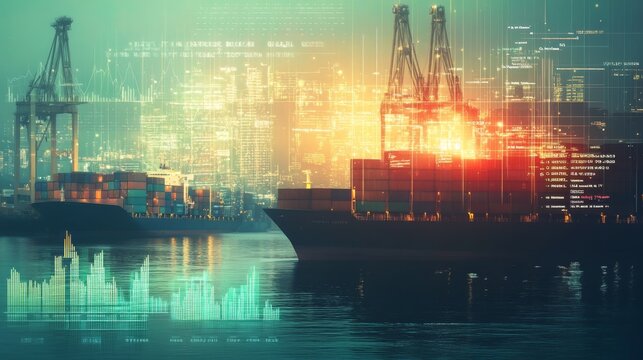 Cargo ship at harbor, data overlay, city background, industrial port, transport use