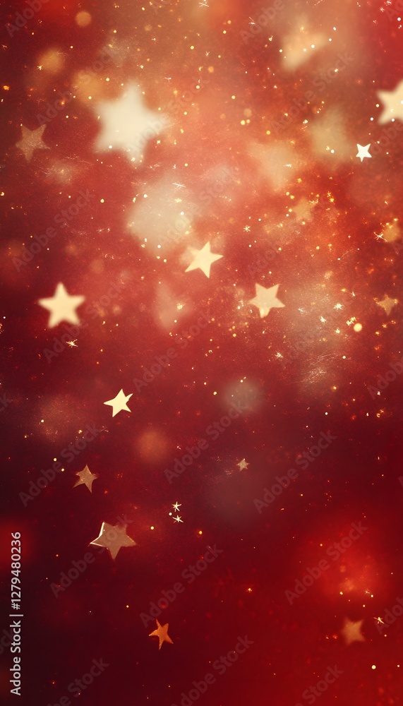 Poster glowing stars and lights floating in a deep red background