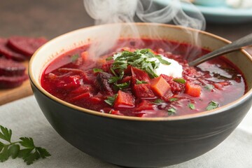 Close-Up of Vegan Borscht with Fresh Ingredients 
