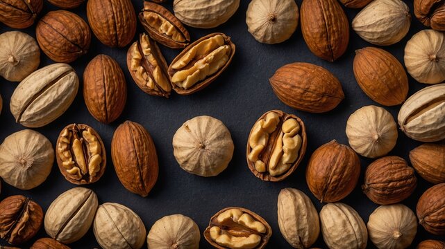 Imagen de alta resoluci&oacute;n de nueces con c&aacute;scara y nueces partidas, ideal para fondos y texturas naturales