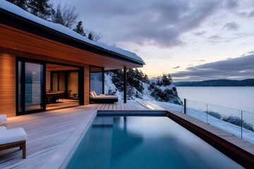 Fototapeta premium Modern lakeside house with infinity pool overlooking snowy landscape at sunset