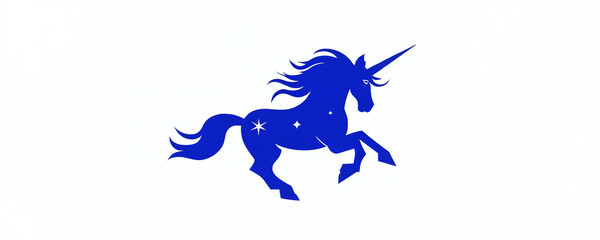 Elegant blue unicorn with flowing mane prancing against a light backdrop representing fantasy and imagination