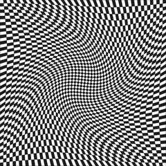 Black white checker. Optical illusion effect. Distorted square pattern. Dynamic abstract design.