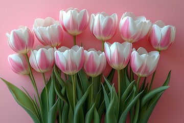 Fototapeta premium Vibrant Pink and White Tulip Bouquet with Lush Green Leaves