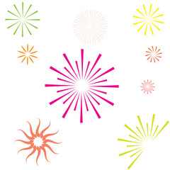 Colorful abstract fireworks illustration with vibrant geometric bursts in pink yellow green and orange isolated on a white background perfect for celebrations festivals parties 