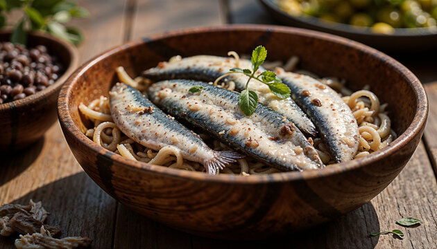 Traditional surstr&ouml;mming arranged in a wooden bowl, soft natural light, Swedish delicacy