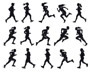 Runners black silhouettes. Sport man and woman running exercising jogging health activity set vector illustration