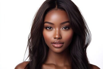 Naklejka premium Beautiful black woman with long hair posing on white background